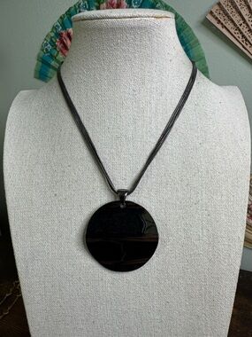 Round Black Pendant Necklace on Multi-Strand Chain - Gun Metal